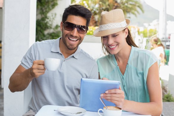 happy couple enjoying the morning at their vacation house swap